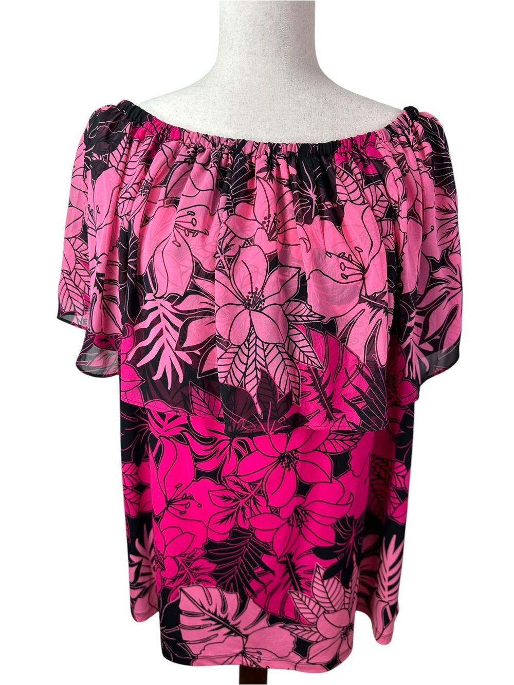 Susan Graver 1X Pink Black Tropical Floral Off Shoulder Ruffle Blouse Tunic